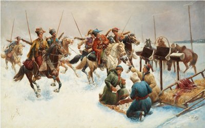 Pejzaż zimowy z Kozakami (przesyłka pocztowa) - Obraz Adolfa Baumgartnera Stoiloffa (Baumgartner-Stoiloff) (1850-1924), olej na płótnie, 82x130 cm - Kolekcja prywatna autorstwa Anton Baumgartner Stoiloff