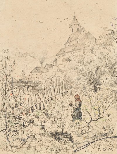 Wieśniaczka w ogrodzie, za kościołem i wioską autorstwa Anton Brioschi