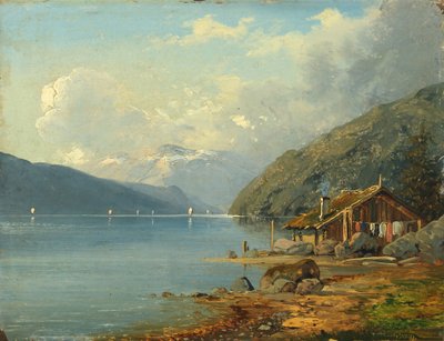 Duński:  Lille hytte ved en søbred i Tyskland Mały domek nad jeziorem w Niemczech autorstwa Anton Eduard Kieldrup