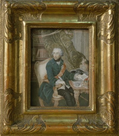 Król pruski Fryderyk II w kurtce Hohenzollernów, 1769 (akwarela na kości słoniowej) autorstwa Anton Friedrich Konig