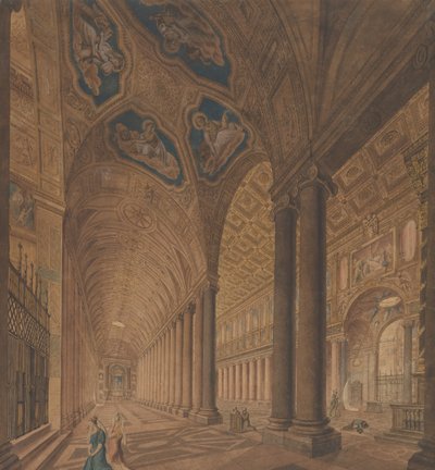 Widok wnętrza bazyliki Santa Maria Maggiore, Rzym, 1833. autorstwa Anton Hallmann