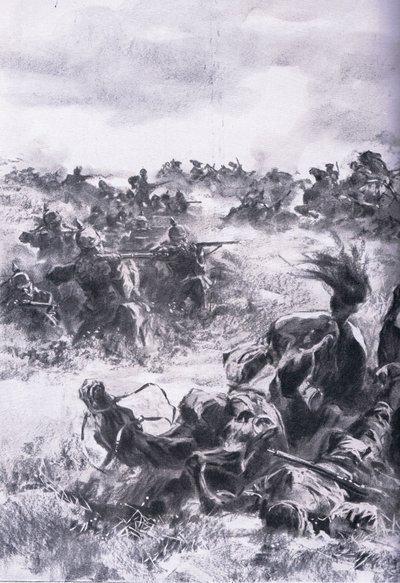 Klęska 14. Brygady Kawalerii Rosyjskiej pod Praszyszem, z Ilustrowanej Historii Wojny Światowej 1914-1915 wyd. przez Union Berlagsefellfchaft autorstwa Anton Hoffman