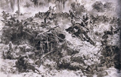 Grenadierzy króla Wirtembergii przedzierając się przez wrogie lokacje w Argonnes, z Ilustrowanej Historii Wojny Światowej 1914-1915 wyd. przez Union Berlagsefellfchaft autorstwa Anton Hoffman