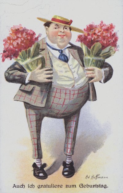 Kartka urodzinowa przedstawiająca mężczyznę niosącego bukiety kwiatów (chromolitho) autorstwa Anton Hoffmann