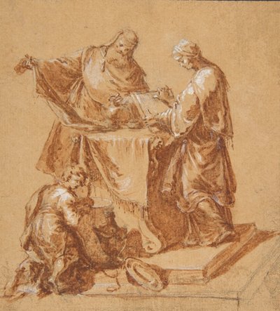 Arcykapłan, prorokini Anna i klęczący chłopiec przy stole, 1745. autorstwa Anton Kern