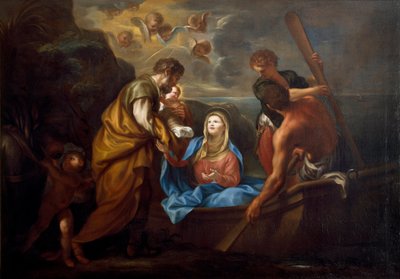Lot do Egiptu Święta rodzina wypływa na statek. Obraz Antona Marii Pioli (1654-1715) Collezione Banca Carige Genes autorstwa Anton Maria Piola