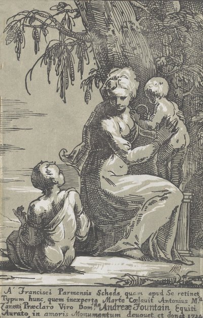 Kobieta stojąca u stóp drzewa trzymająca niemowlę z siedzącym chłopcem, 1724. autorstwa Anton Maria Zanetti