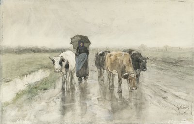 Pasterz z krowami na wiejskiej drodze w deszczu Żona rolnika z krowami na wiejskiej drodze w deszczu autorstwa Anton Mauve