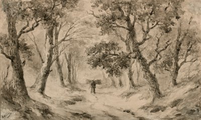 Zbieracz drewna w lesie (brązowy tusz i pranie na polerowanym papierze) autorstwa Anton Mauve