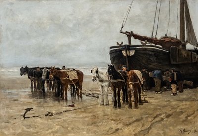 Holenderski: Bomschuit z końmi holowniczymi na plaży Scheveningen Łódź rybacka z końmi holowniczymi na plaży Scheveningen autorstwa Anton Mauve