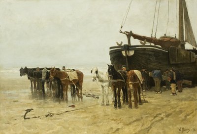 Holenderski: Bomschuit z końmi holowniczymi na plaży Scheveningen Łódź rybacka z końmi holowniczymi na plaży Scheveningen autorstwa Anton Mauve