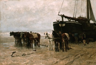 Holenderski: Bomschuit z końmi holowniczymi na plaży Scheveningen Łódź rybacka z końmi holowniczymi na plaży Scheveningen autorstwa Anton Mauve