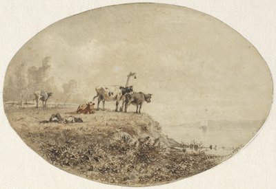 Krowy nad wodą, w oddali żaglowiec autorstwa Anton Mauve