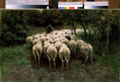 Owce w lesie. Owce w lesie. Pasterz ze stadem bydła widziany od tyłu. Obraz Antona Mauve (1838-1888). Olej na płótnie. Malarstwo holenderskie. Muzeum Sztuk Pięknych im. Puszkina, Moskwa autorstwa Anton Mauve