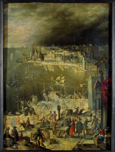 Widok na port morski Reprezentacja działalności handlowej, rozładunek towarów, transakcje na dokach portowych. Obraz przypisywany Antonowi Mozartowi (1573-1625), niedz. 0,3x0,22 m paryż, musee du Louvre autorstwa Anton Mozart