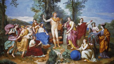 Apollo, Mnemosyne i dziewięć muz autorstwa Anton Raphael Mengs
