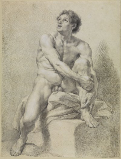 Siedzący akt męski, ujęty mniej więcej z przodu, z lewą nogą uniesioną i podtrzymywaną obiema rękami autorstwa Anton Raphael Mengs