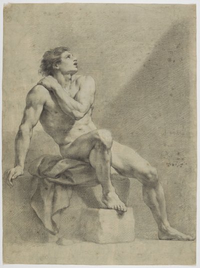 Siedzący akt męski, skierowany ukośnie w prawo, spoglądający w górę autorstwa Anton Raphael Mengs