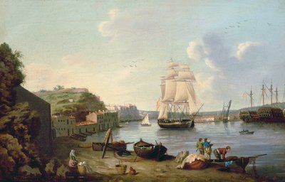 Statek pod żaglami w porcie w Port Mahon na Minorce autorstwa Anton Schantz