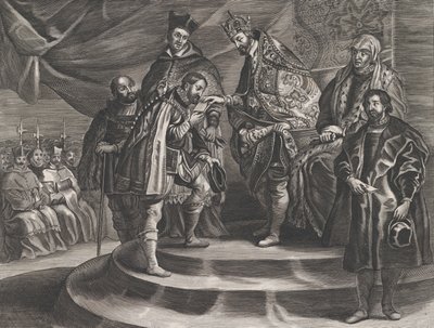 Ilustracja 25: Filip koronowany na króla Hiszpanii przez swego ojca Karola V z Guillielmus Becanus