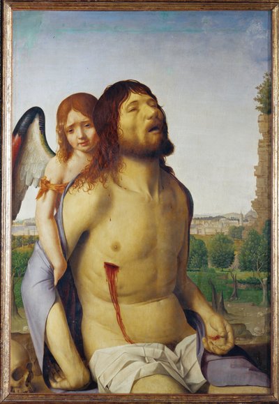 Martwy Chrystus podtrzymywany przez anioła (obraz na drewnie) autorstwa Antonello da Messina