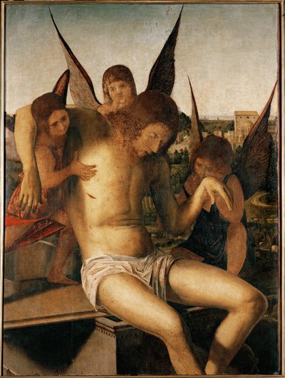 Pieta z trzema aniołami, ok. 1475 (olej na drewnie) autorstwa Antonello da Messina