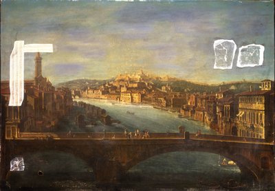 Widok Werony z kościołem S. Anastasia, Castel San Pietro, Castel San Felice i Ponte Nuovo nad rzeką Adige, 1735 autorstwa Antonio de dipi Joli