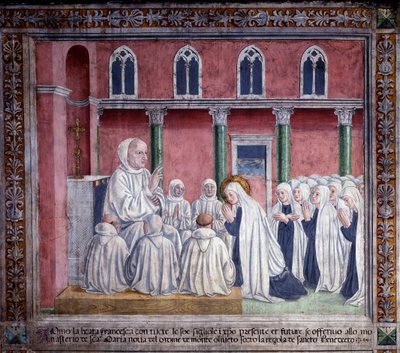 Życie św. Franceski Romany: Święci i oblaci ofiarowują się zakonowi benedyktynów i osiedlają się w kościele Santa Maria nova w Rzymie (Fresco autorstwa Antoniazzo Romano