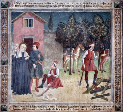 Życie św. Franceski Romany : Święta uzdrawia człowieka ze zranioną stopą (Fresco autorstwa Antoniazzo Romano
