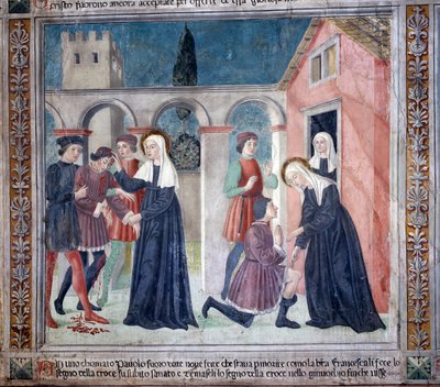 Życie św. Franceski Romany: Święta uzdrawia rannego człowieka (Fresco autorstwa Antoniazzo Romano
