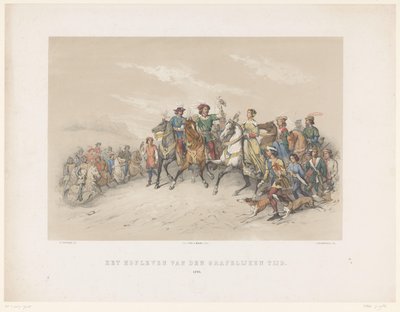 Maskarada w Utrechcie z 1851 r.: Życie dworskie w 1296 r. Życie dworskie czasów hrabiego. 1296 (tytuł na obiekcie) Historia narodowa. od najdawniejszych czasów do końca XVII wieku, w ośmiu scenach, przedstawionych w kostiumie przez H.H. Dtudente autorstwa Antonie Johannes Groeneveldt