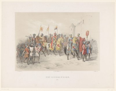 Maskarada w Utrechcie z 1851 r.: Rycerstwo, 1217 Rycerstwo, 1217 (tytuł na obiekcie) Historia narodowa. od najdawniejszych czasów do końca XVII wieku, w ośmiu scenach, przedstawionych w kostiumie przez H.H. Studenci Utrechtsche Hoo autorstwa Antonie Johannes Groeneveldt