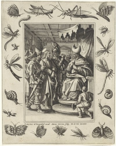 Chrystus przed Kajfaszem Pasja Chrystusa (tytuł serii) autorstwa Antonie Wierix (II)
