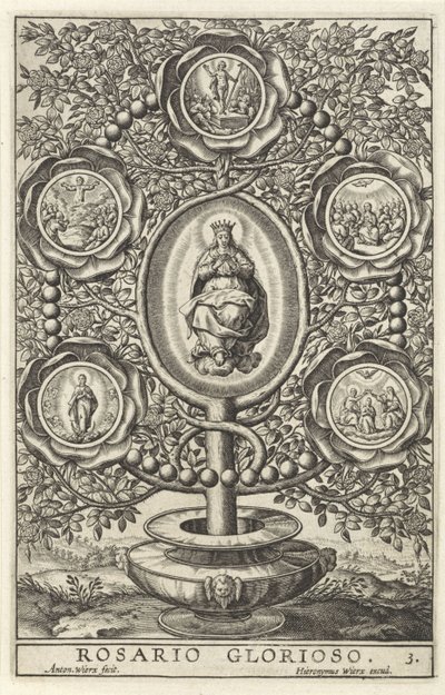 Pięć tajemnic chwalebnych Rosario Glorioso (tytuł na obiekcie) Piętnaście tajemnic różańca (tytuł serii) autorstwa Antonie Wierix (II)