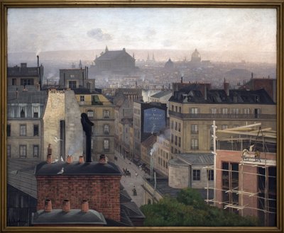Paryż widziany z Montmartre. Na ścianie jednego z budynków reklama „Małej Gazety”. Obraz Antonina Chitussiego (Chittussi) (1847-1891), olej na płótnie autorstwa Antonin Chittussi