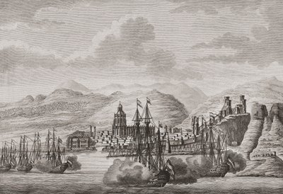 Flota holenderska u wybrzeży Malagi, Hiszpania 1784 salutując. (wydrukować) autorstwa Antonio (after) Suntach