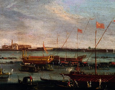 Bucentaur (galera państwowa dożów Wenecji) w Lido w Wenecji, olej na płótnie, Szkoła Canaletto, Włochy autorstwa Antonio (studio of) Canaletto