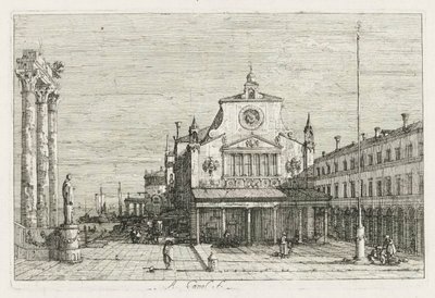 Widoki: Trzy kolumny i posąg na wybrzeżu Morza, 1735-1746. autorstwa Giovanni Antonio Canal