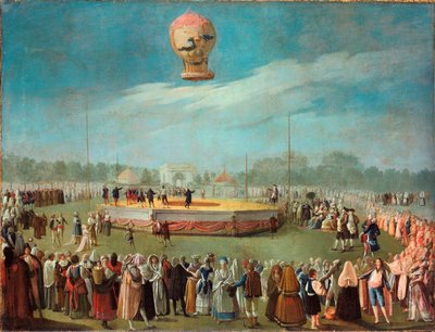 Wzlot balonu w obecności dworu Karola IV - Obraz Antonio Carnicero Mancio (1748-1814) , olej na płótnie autorstwa Antonio Carnicero