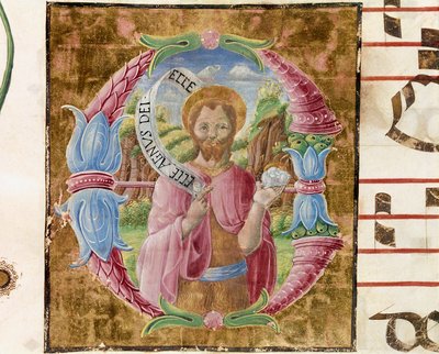 Św. Jan Chrzciciel Lettryna iluminowana przez Antonio Cicognari. Szczegół antyfonarz. 1483. Cremone, chór 4, kapituła katedralna autorstwa Antonio Cicognara
