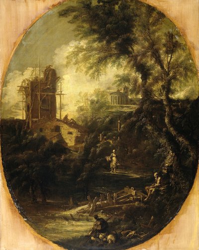 Krajobraz z pustelnikiem, pielgrzymem i wieśniaczką autorstwa Antonio Francesco Peruzzini (attributed to)