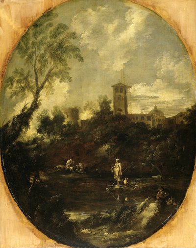 Krajobraz z mnichami, pielgrzymem i wieśniaczką autorstwa Antonio Francesco Peruzzini (attributed to)