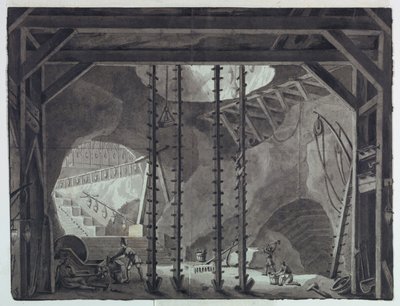 Scenografia, mężczyźni budują budynek w jaskini autorstwa Antonio Giuseppe Basoli
