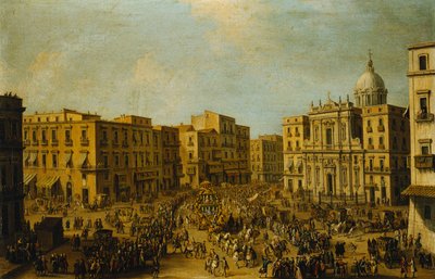 Largo San Ferdinando, Neapol, w czasie karnawału z karetą królewską zbliżającą się do Palazzo Reale, autorstwa Antonio Joli