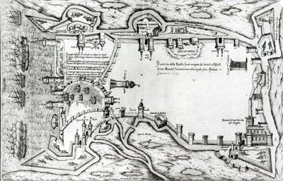 Mapa ilustrująca La Rochelle zajęte przez hugenotów autorstwa Antonio Lafreri