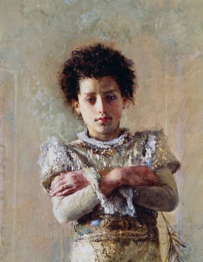Akrobata, detal, Antonio Mancini (1852-1930), olej na płótnie, 250,5x111,5 cm autorstwa Antonio Mancini