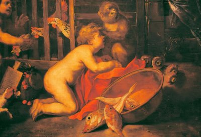Putti, małpa i miska rybna autorstwa Antonio Maria Vassallo