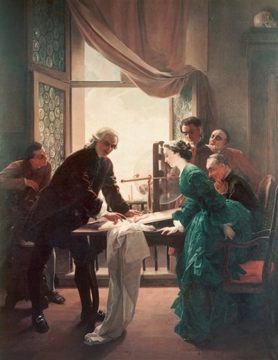 Luigi Galvani (1737-1798) przeprowadzający eksperymenty na żabach, w asyście żony Lucii Galeazzi autorstwa Antonio Muzzi