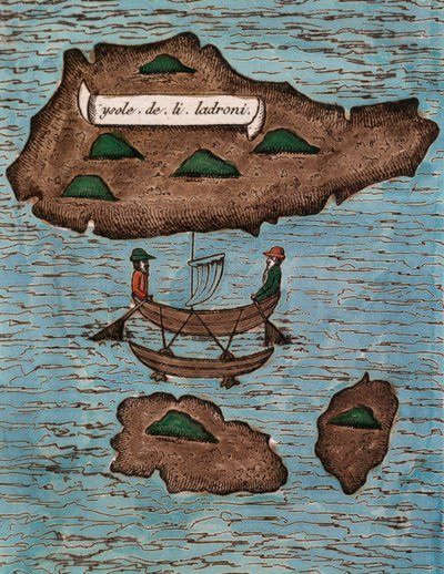 Islas de los Ladrones (dziś Mariany), kolorowy drzeworyt z Sprawozdania z pierwszej podróży dookoła świata z Ferdynandem Magellanem autorstwa Antonio Pigafetta