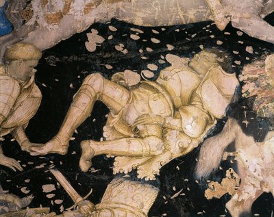Temat rycerski, fragment z Turnieju-Bitwa pod Louvezerp, autorstwa Antonio Pisanello (1395-1455), fresk. Pałac Książęcy w Mantui. autorstwa Antonio Pisanello